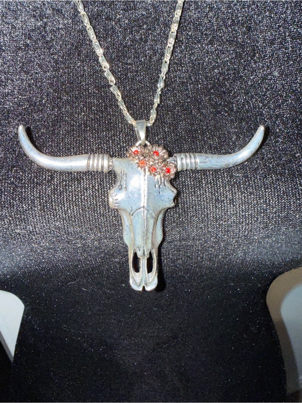 Longhorn Skull Pendant Necklace with Red Crystal Flowers